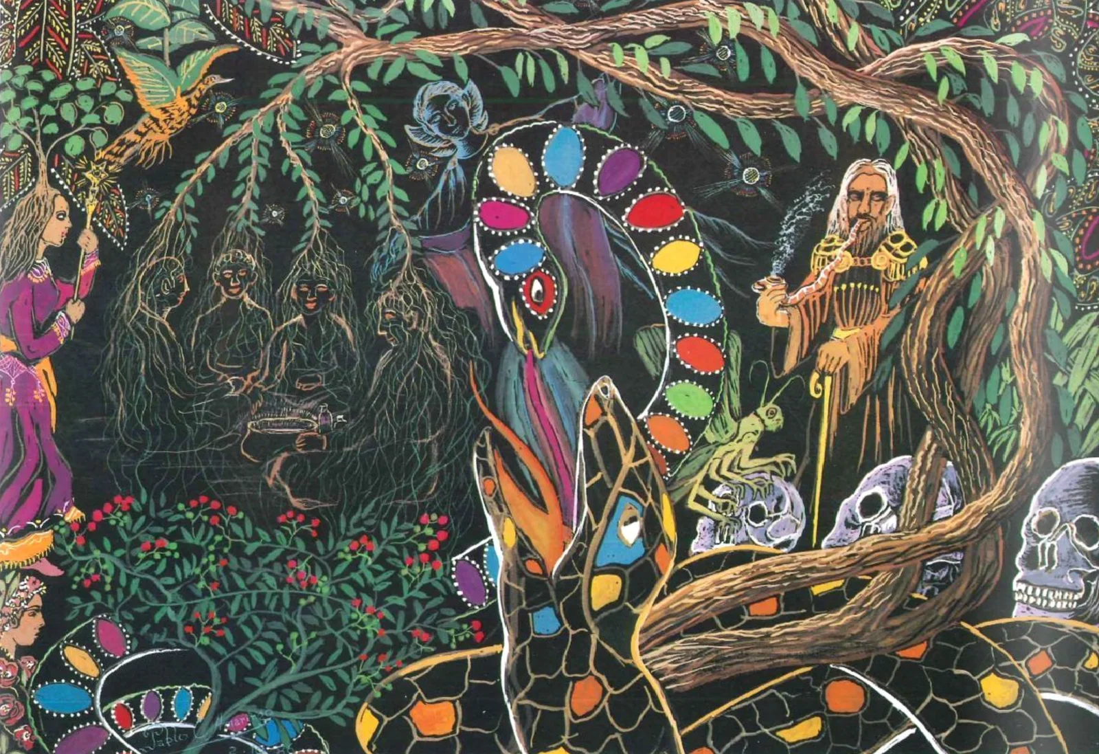 Painting by Pablo Amaringo: beneath an arching vine, a robed, bearded figure smokes a pipe; a great serpent rises with a halo of coloured ovals; skulls lie in its coils, and spirit figures sit among hanging roots.