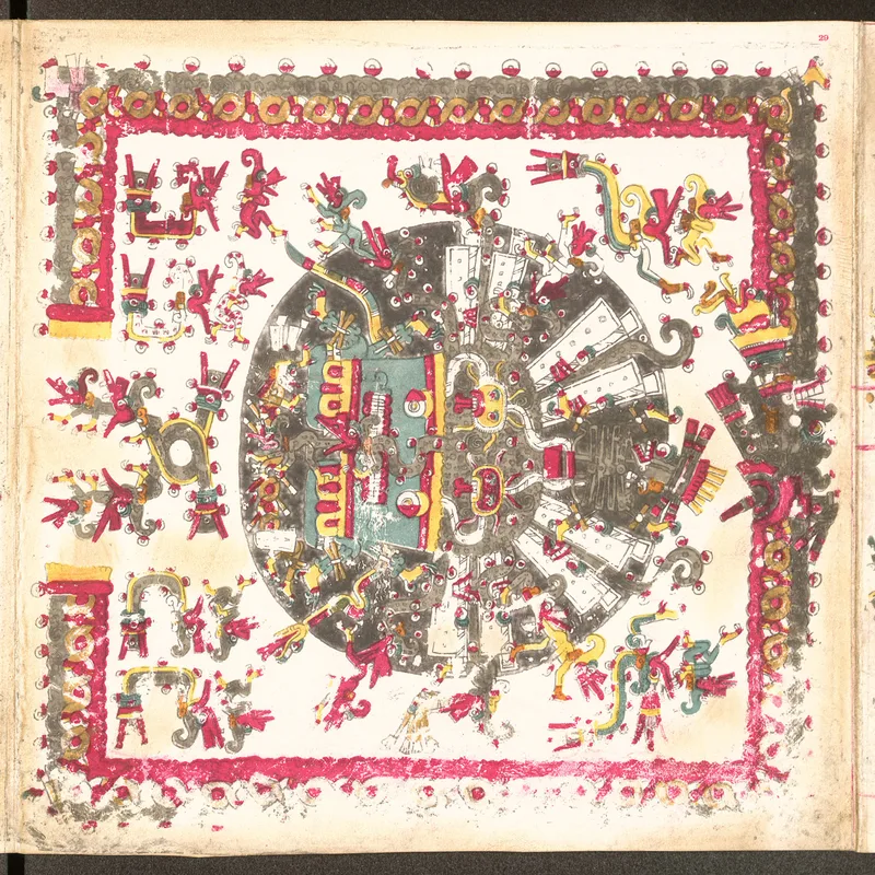 A page of the Codex Borgia: a square frame of red and grey bands encloses a large black disc; at its centre a turquoise vessel with banners, surrounded by painted figures and serpent forms