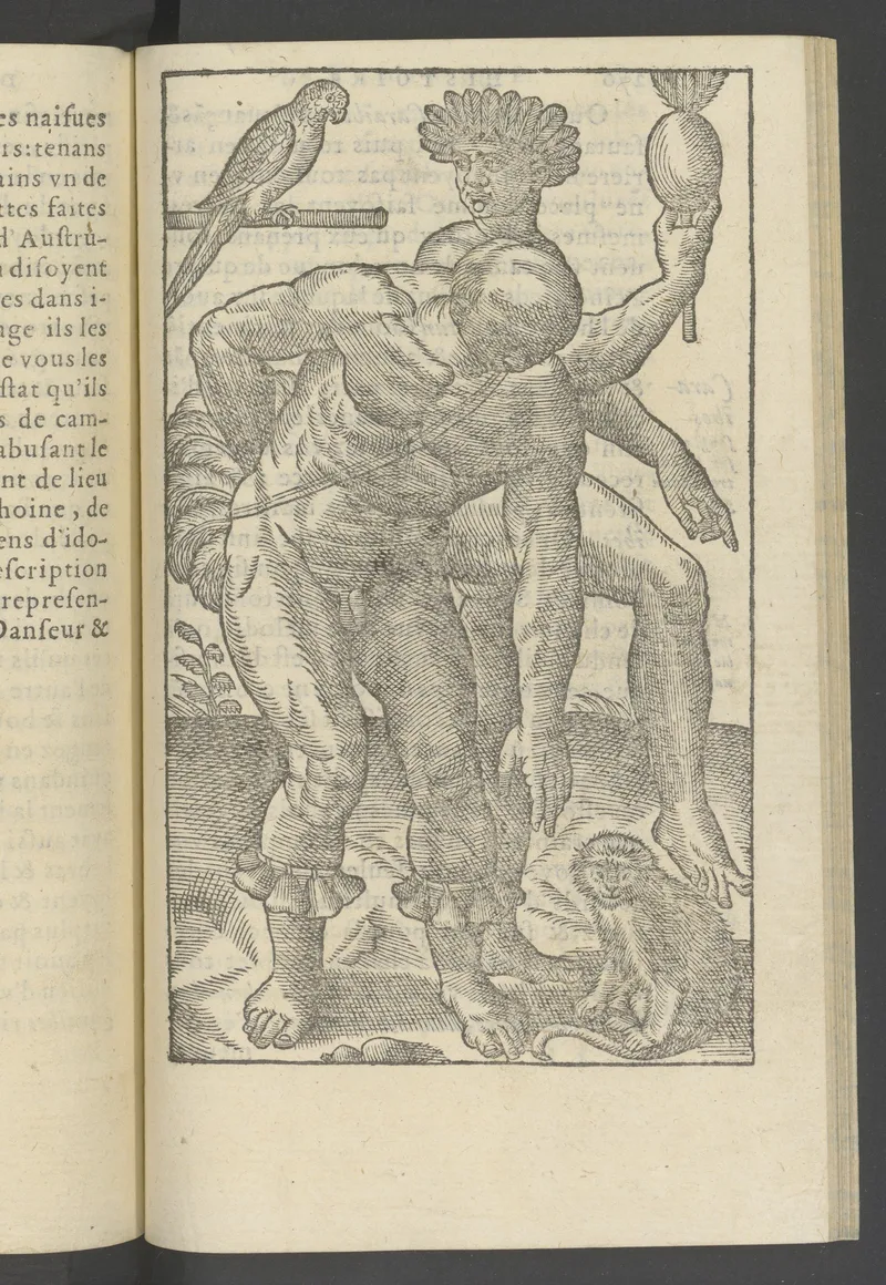 Woodcut from Jean de Léry’s Histoire d’un voyage fait en la terre du Brésil, 1578: a figure in a feather headdress raises a maraca while a dancer with a feather bustle and leg rattles bends forward; a parrot on a perch and a monkey beside them.