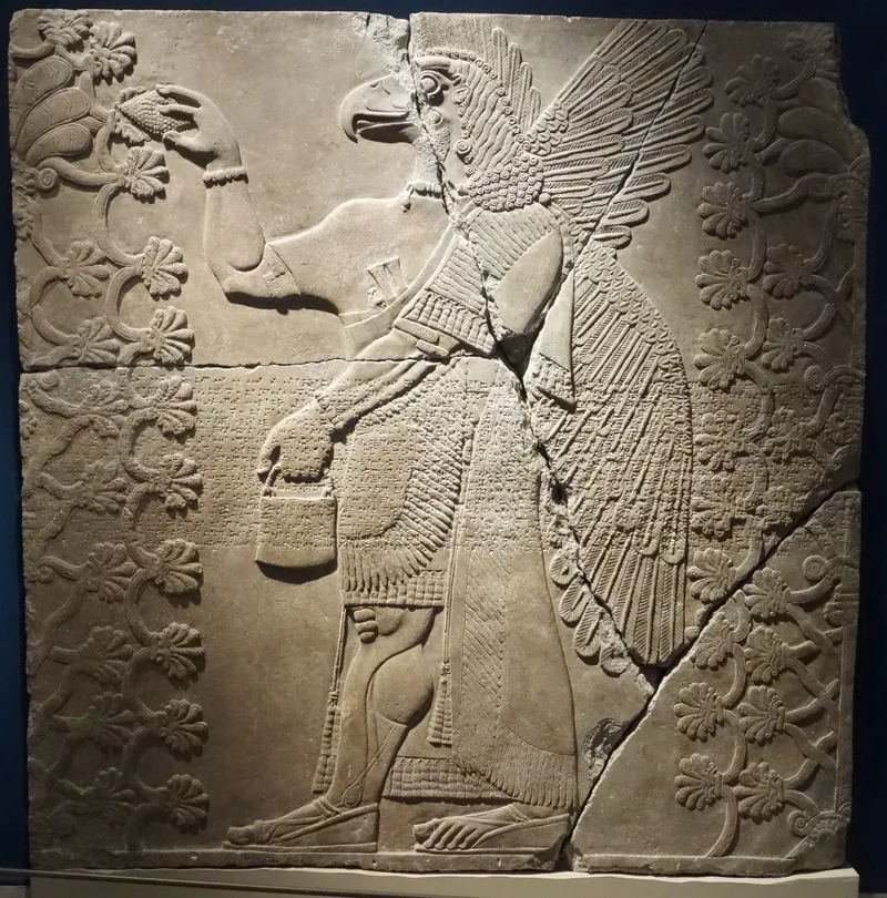 Alabaster relief: a winged figure with the head of an eagle raises a cone in one hand and carries a bucket in the other, between two stylised trees whose stems twine and loop between palmettes