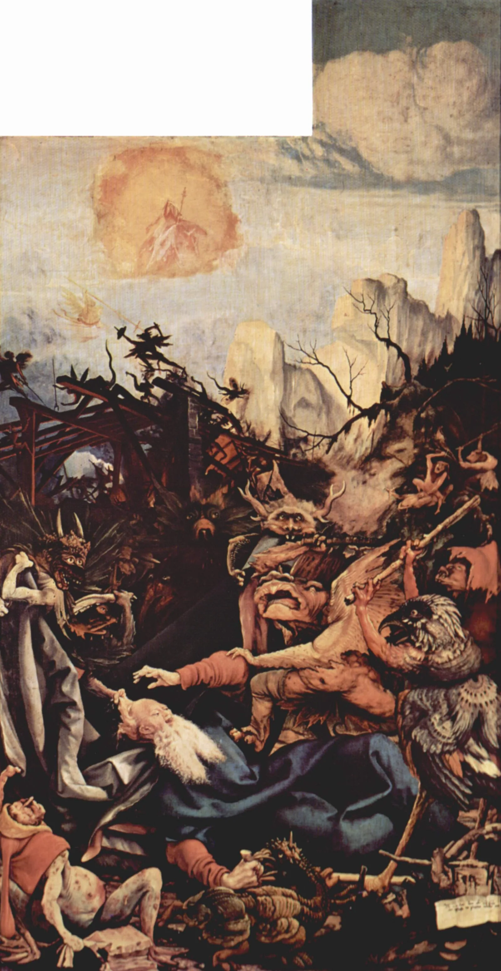 Grünewald's Temptation of Saint Anthony: the saint pulled to the ground by monstrous hybrid creatures, with a swollen, ulcerated figure in the lower corner